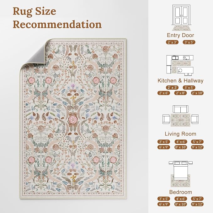 AMTOVO 2x6 Runner Rug for Hallway, Washable Non-Slip Long Kitchen Carpet, Floral Vintage Distressed Floor Mat for Hallways Entryway Living Room Laundry Room Bathroom Farmhouse, Beige