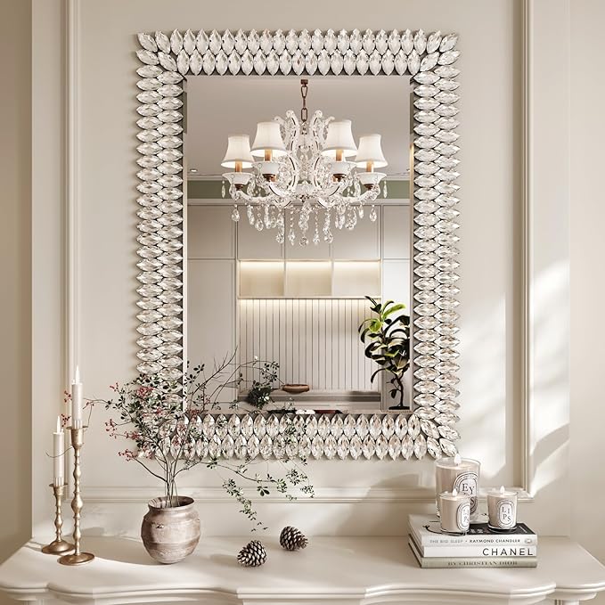 Kelly Miller 30"x40" Jeweled Bathroom Wall Mirror, Large Rectangle Decorative Mirror Luxury Vanity Mirror with Diamonds for Master Bath Half Bath Living Room Bedroom Fireplace Mantle Entryway
