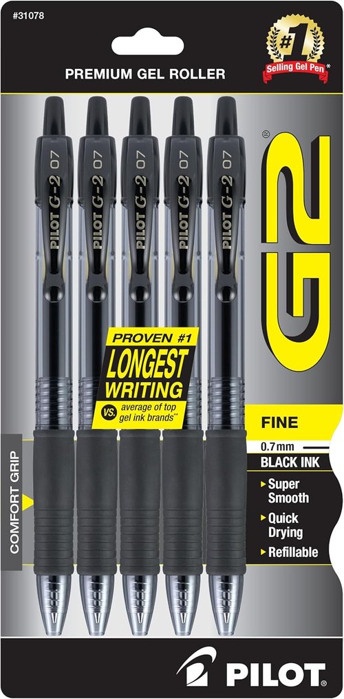 Pilot G2 Gel Roller Pens - Smooth Writing Fine Point 0.7mm - Black Ink, Pack of 5