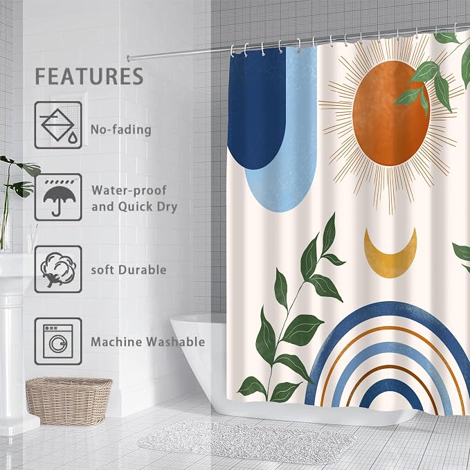 Mid Century Abstract Boho Aesthetic Shower Curtain Set, Blue Nature Leaf Sun Modern Minimalist Home Bathroom Curtain Decor with 12 Hooks 72 Inch Wide * 84 Inch High