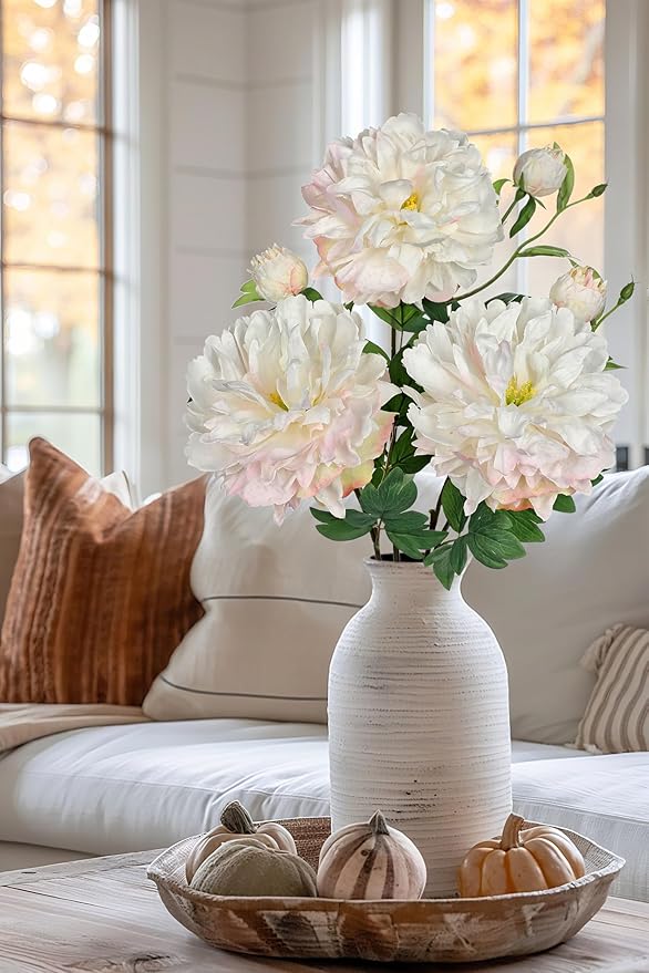 3Pcs White Peonies Artificial Flowers 27.5" Fake Flower Silk Flowers with Long Stem Floral Arrangements Bouquets Faux Peony Flowers for DIY Wedding Party Centerpieces Decor Home Office Decoration