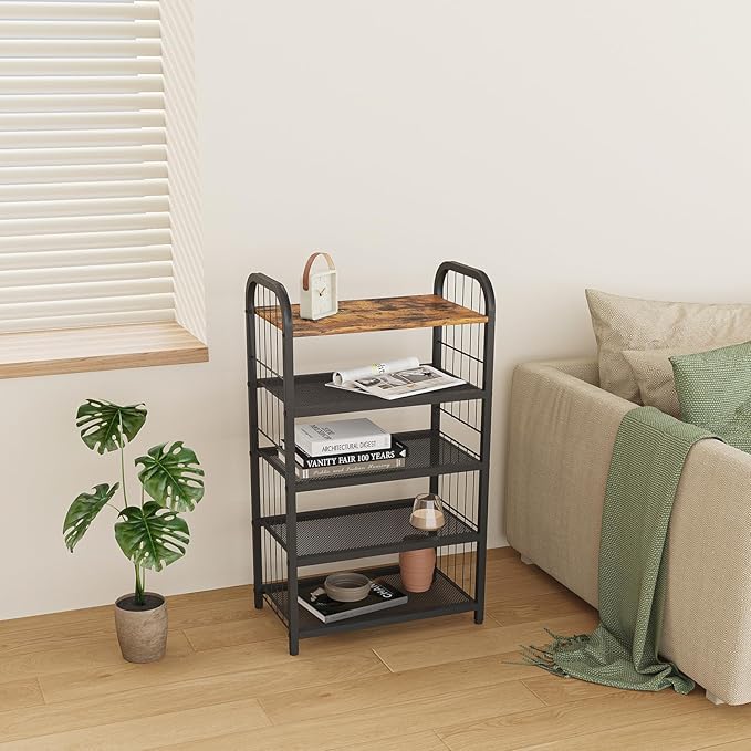 BWOORACKU Shoe Rack, 5-Tier Shoe Organizer with Guardrails, Heavy-Duty Metal Mesh Shelves & Rustic Wooden Top for Stylish Closet & Front Door Storage