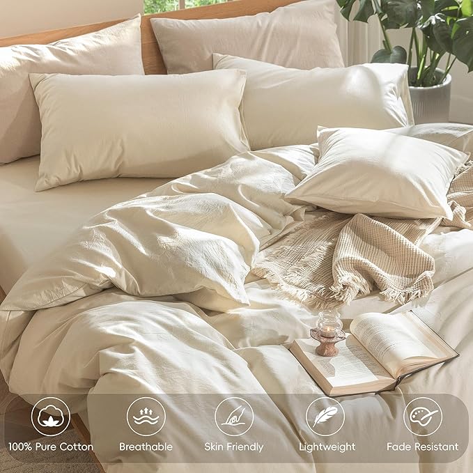 MooMee Bedding Duvet Cover Set 100% Washed Cotton Linen Like Textured Breathable Durable Soft Comfy (Heathered Almond Milk Grey, Super King 108"x98")