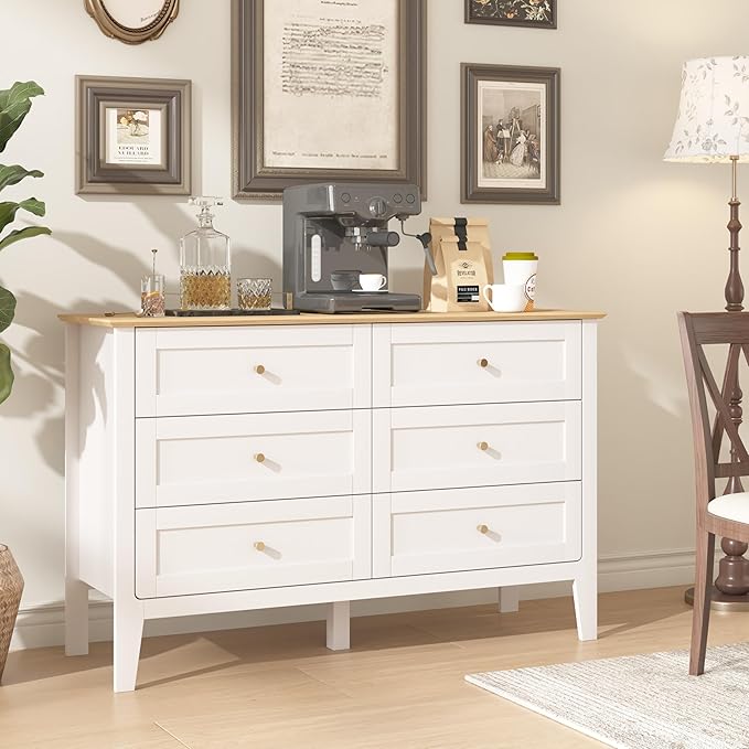 6 Drawers White Dresser for Bedroom, 47" Wide Wood Modern Chest of Drawers, Shaker Style, Modular Dresser TV Stand for Bedroom, Living Room, Hallway (White)
