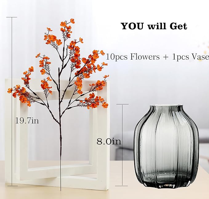 JAKY-Global Babys Breath Silk Artificial Flowers Bulk with Vase 10pcs for Fall Decor Fake Flower Bouquet Bulk for Home Kitchen Indoor Bouquet Floral Arrangement Table Centerpieces Party Decor(Orange)