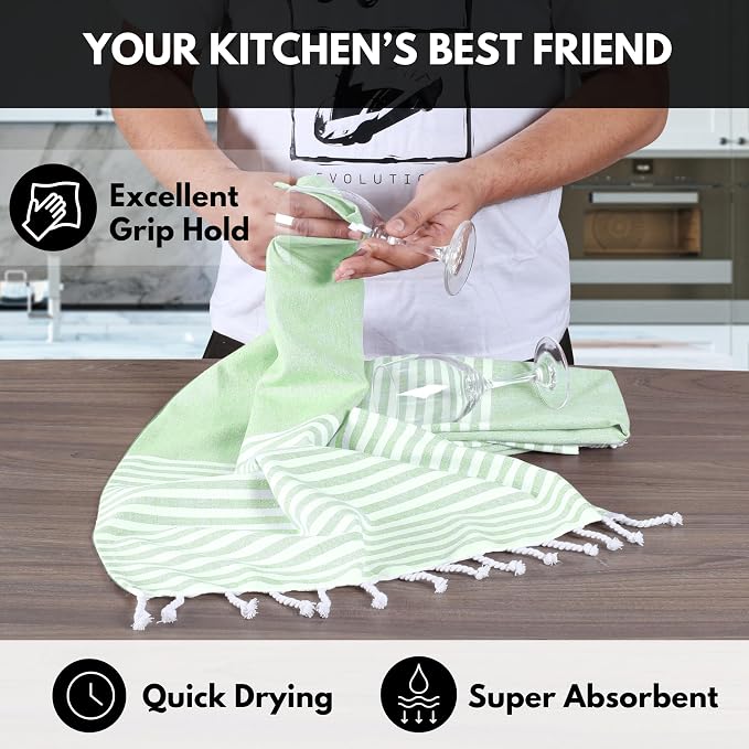 Turkish Kitchen Towels 18x26 Inches with Tassels - 4 Pack - Absorbent, Durable, Soft 100% Cotton Dish Towels for Drying & Cleaning - Machine Washable, Quick Dry - Apple Green