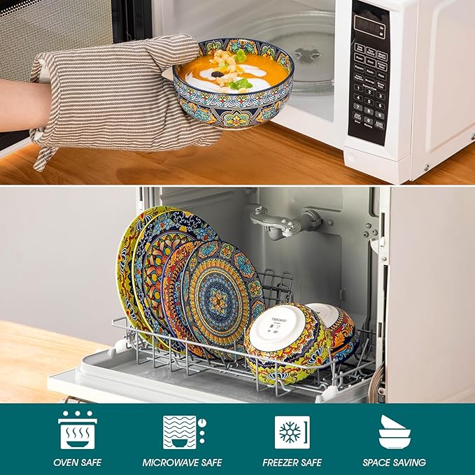 vancasso Plates and Bowls Sets,12-Piece Porcelain Dinnerware Set Service for 4, Bohemian Style Dishes Set for 4, Kitchen Dinner Set, Microwave and Dishwasher Safe, Scratch Resistant, Series KRVI