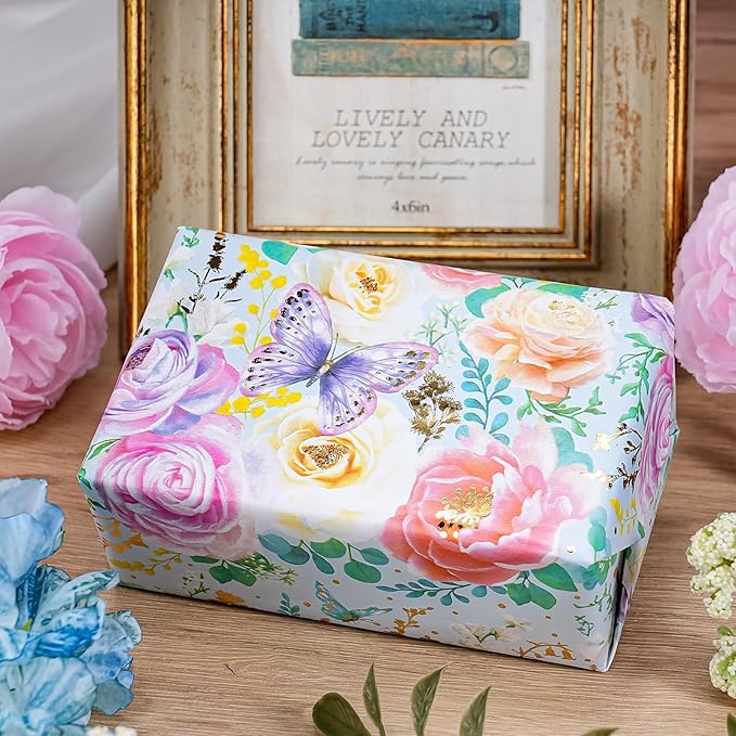 WRAPAHOLIC Floral Wrapping Paper Roll - Mini Roll - 17 Inch x 16.5 Feet - Elegant Gold Foil Butterfly and Flower Wrapping Paper Perfect for Wedding, Birthday, Bridal Shower, Tea Party