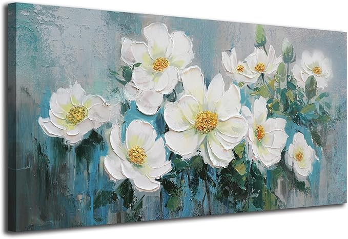 Ardemy White Floral Canvas Wall Art Large Teal Textured Pictures Wall Decor Turquoise Paintings Artwork for Living Room Bedroom Home Office, 40"x20"