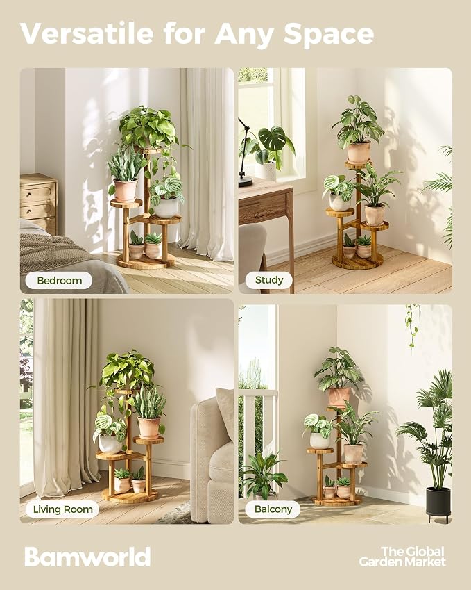 Bamworld 3 Tier Plant Stand Indoor, Corner Wood Plant Shelf for Multiple Plants, Small Tiered Round Flower Stand for Patio Garden Balcony Living Room Bedroom, Black