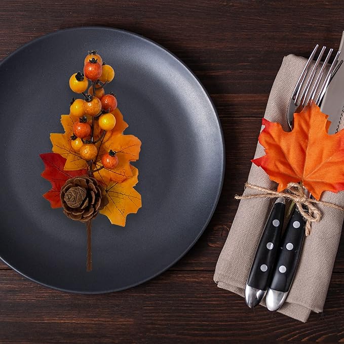6 Pack Fall Stems Artificial Berry Picks Fall Picks with Pine Cone Maple Leaves Branches Decorations for Harvest Autumn Thanksgiving Day Flower Arrangements Wreaths Indoor Outdoor Home Decor