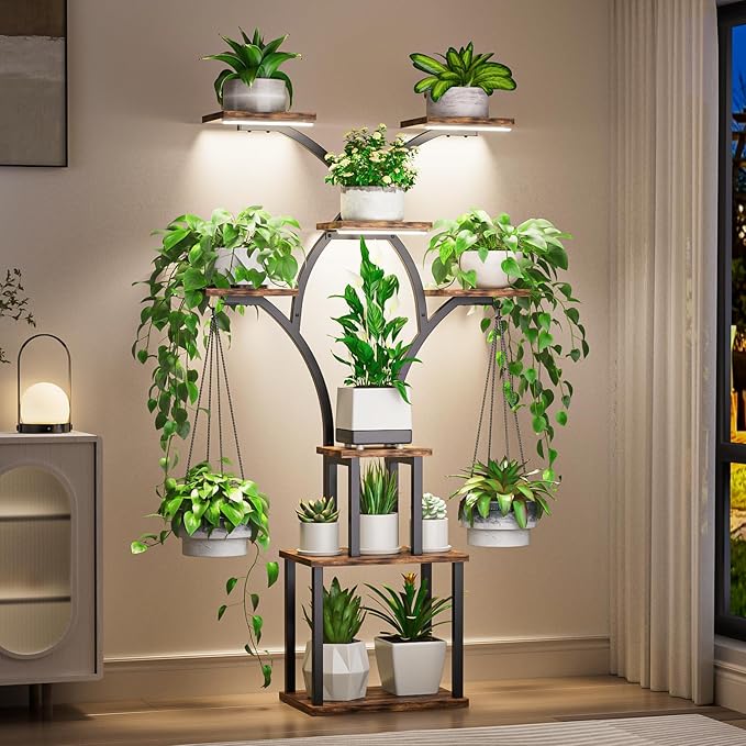 Elbourn 8 Tiered 60" Plant Stand Indoor Shelf with 3 Grow Lights (Brown) | Corner Shelf Decor