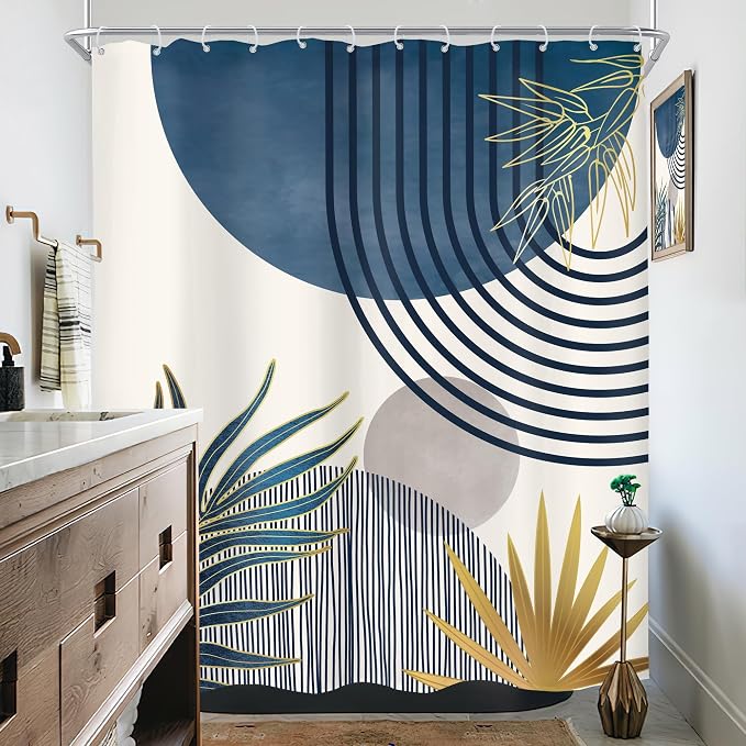 KOMLLEX Mid Century Boho Shower Curtain for Bathroom Decor Abstract Modern Sun Minimalist Aesthetic Arch Curve Leaves Geometric Navy Blue Gray Neutral Fabric Waterproof Polyester 12 Hook 60Wx72L
