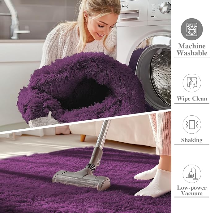 OLANLY 2x3 Machine Washable Small Bedside Rug, Soft Fluffy Shaggy Entryway Throw Rugs for Bedroom, Living Room, Indoor Floor Carpet for Kids Girls and Boys, Home Decor Aesthetic, Dark Purple