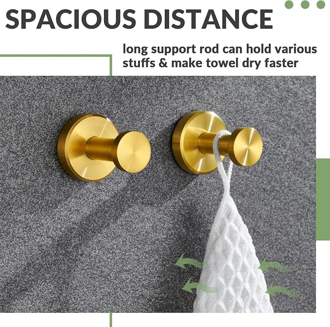 APLusee Brushed Gold Bathroom Towel Hooks 2 Pack, 304 Stainless Steel Robe Hooks for Kitchen Garage, Wall Mounted