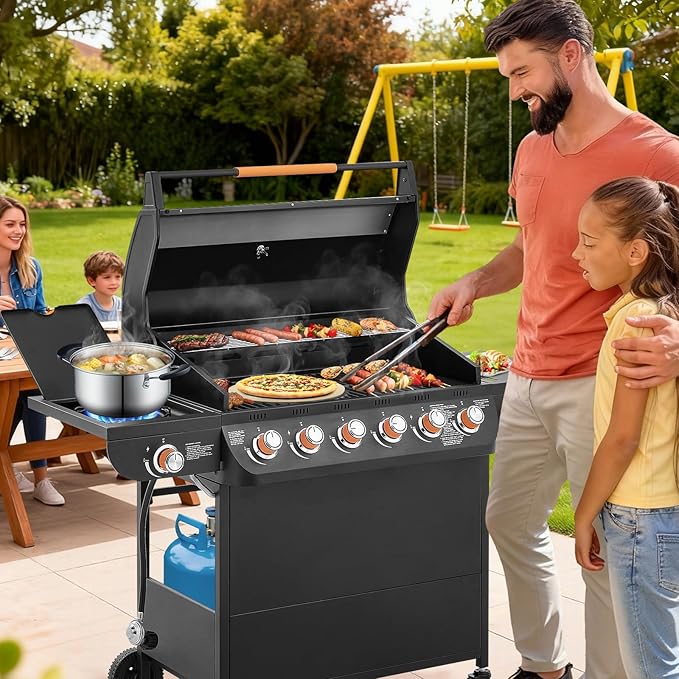 Lyromix 6 Burner Propane Gas Grill with Side Burner, Gas BBQ Grills With Porcelain-Enameled Cast Iron Grates and Bottle Opener, Grill for Outdoor Cooking, Patios, Backyards, 72000BTU