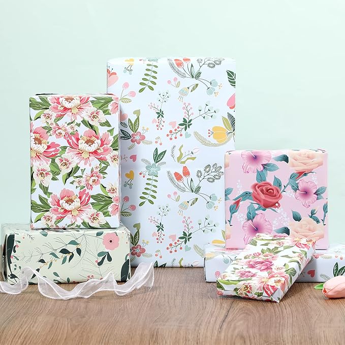PlandRichW Floral Wrapping Paper Folded Sheets for Women Girls Baby, 12 Sheets Recycled Gift Wrapping Paper for Wedding, Birthday, Mother's Day, Party, Baby Shower, Precut 20" X 29"