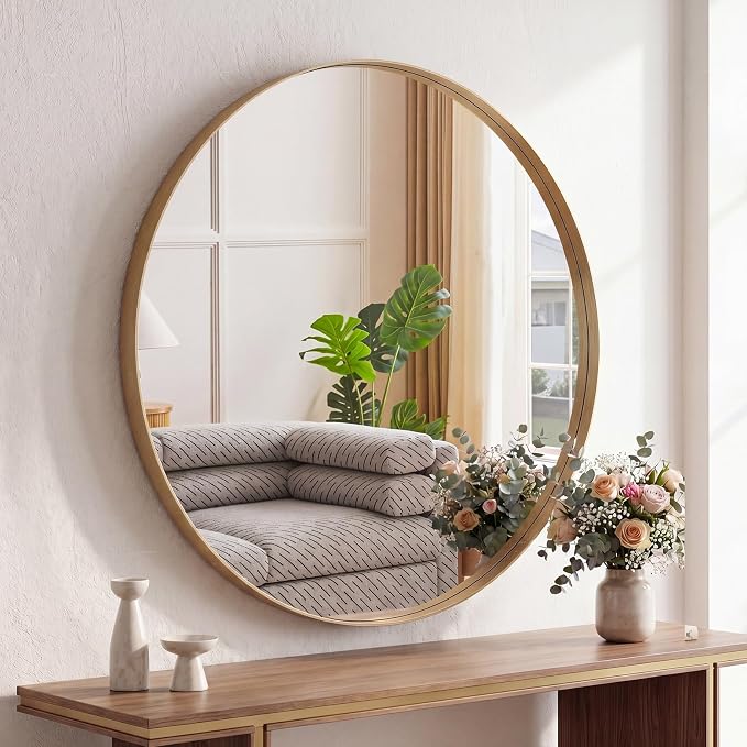 Sweetcrispy Bathroom Round Mirror for Over Sink, 28 Inch Wall Circle Mirror with Matte Metal Frame, Modern Wall Mount Vanity Mirror for Home Decor, Living Room, Bedroom, Gold