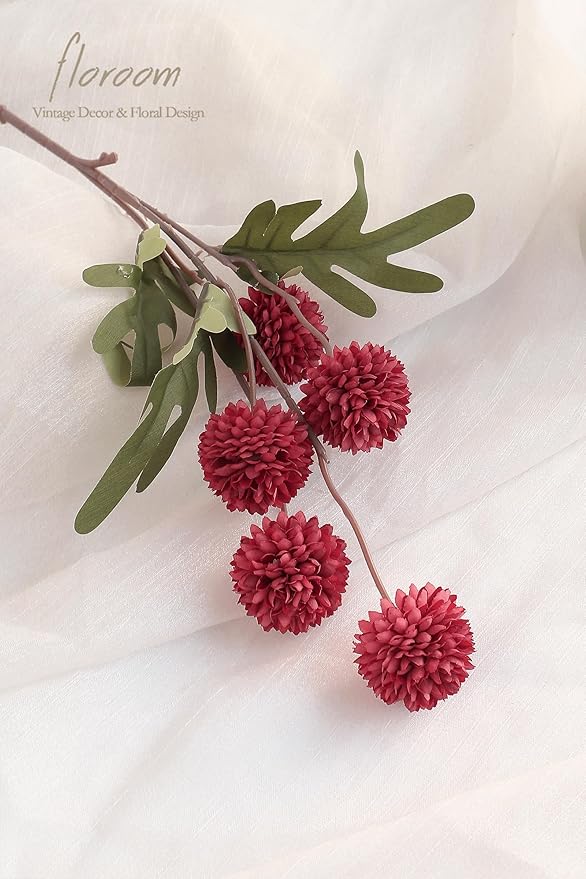 Floroom 6pcs Dark Red Faux Silk Mums Artificial Flowers, Bulk Fake Small Mini Chrysanthemums with Stems for DIY Wedding Centerpieces Floral Arrangements Vase Fillers Home Decorations