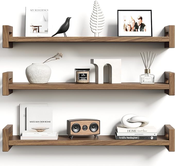 Upgraded Floating Shelves for Wall, Set of 3 Solid Wood Wall Mounted Shelves, 23.6" Rustic Walnut Display Shelf for Bedroom, Living Room, Bathroom, and Kitchen Decor - Heavy-Duty & Natural Pine