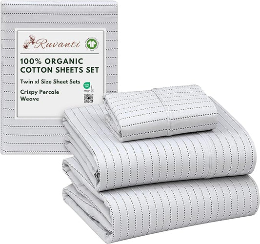 RUVANTI 100% Organic Cotton Sheets Twin XL, Percale Weave, GOTS Certified, 3-Piece Set, Deep Pocket 15", Crisp & Breathable, Soft Durable Bedding, Sábanas Algodón Orgánico – Construction Line