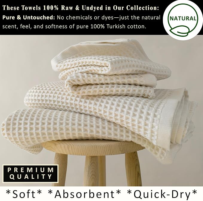 PÜSKÜL Organic Raw-Undyed Waffle Towels for Bathroom Set 4-Piece | Natural 100% Turkish Cotton Luxury 2 Hand Towel & 2 Bath Towel | Absorbent Quick Dry Lightweight Bath Towels Oeko-Tex Made in Turkey