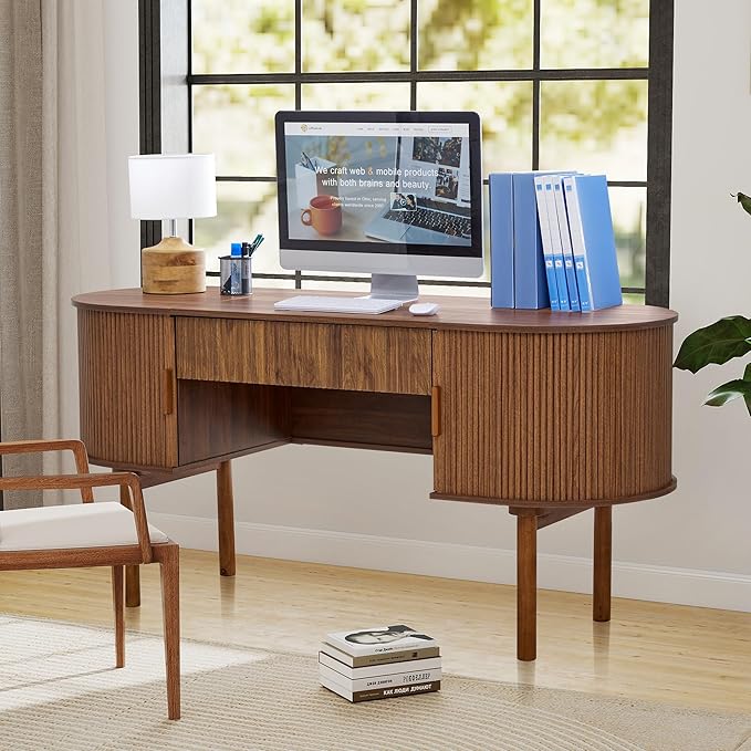 ORRD Home Office Oval Desk with Sliding Tambour Door and Drawer, Modern Fluted Wood Executive Computer Storage Desk for Study, Living Room, Bedroom, Office - Walnut