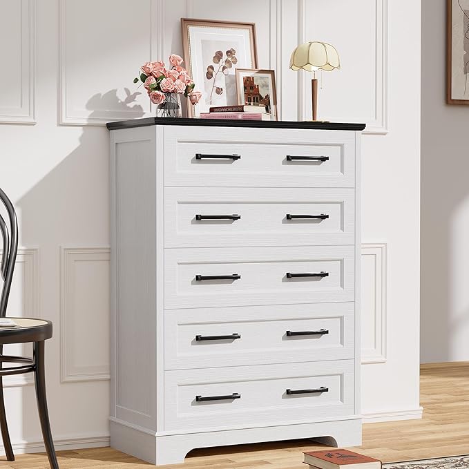 YESHOMY Tall Dresser for Bedroom, Farmhouse 5 Drawers Dresser, Chest of Drawer Chest, Multi-Tier Clothing Storage Cabinet, White and Black
