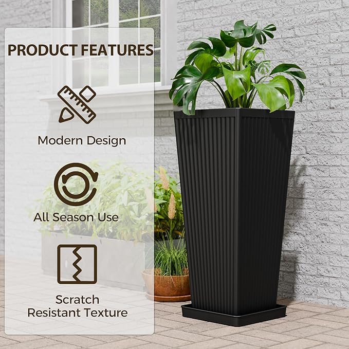 Tapered Tall Planters for Outdoor Plants 2 Pack- 23.6 Inch Square Indoor Flower Pots with Drainage Holes and Partition/Tray Saucers, Large Outdoor Planters for Porch Patio Garden, Black
