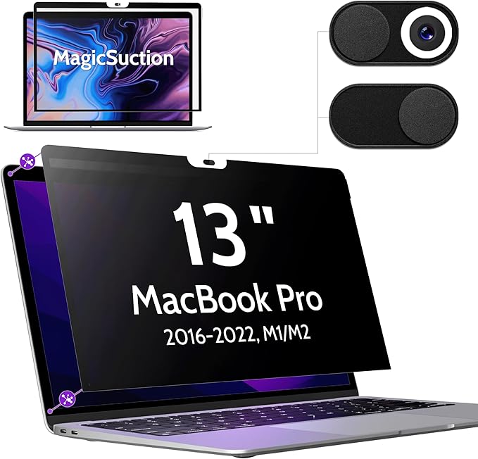Peslv Privacy Screen for MacBook Pro 13 In (2016-2022, M1, M2) & MacBook Air 13 Inch (2018-2021, M1), MagicSuction™ Removable Anti Spy Black Protector, Glare Blue Light Filter for Mac Laptop Computer