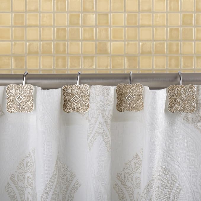 Creative Scents Victoria Shower Curtain Hooks - Set of 12 Beige Shower Curtain Rings for Bathroom Shower Rod - Decorative Bathroom Accessories Decor Shower Hooks for Shower Curtain