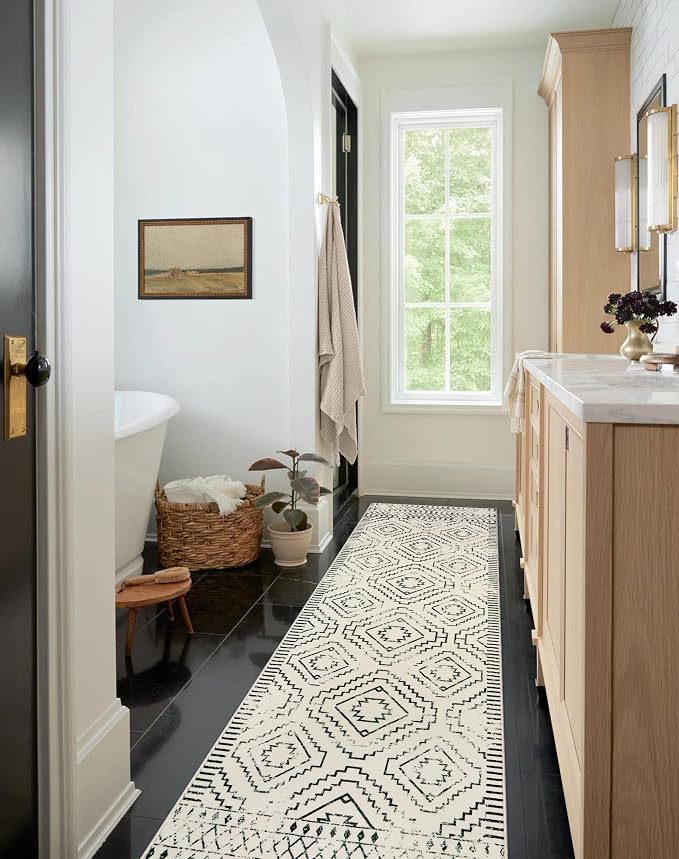 Wonnitar Moroccan Runner Rugs for Hallway 2'6"x10', Washable Non-Slip Extra Long Rug Runner Carpet for Kitchen, Boho Low Pile Throw Mat for Laundry Room Bedroom Bathroom (Beige,2'6"x10')