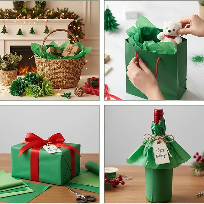 Qilery 500 Sheets Christmas Green Tissue Paper Bulk for Gift Bags 15 x 20 Inch Acid Free Decoupage Packaging Wrapping Paper Sheets for Christmas Decoration DIY Crafts, Bouquet, Wedding, Shipping