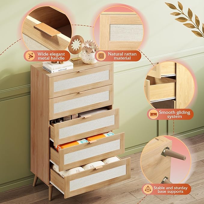 WLIVE Rattan Dresser for Bedroom, 50" Tall 5 Drawer Wooden Chest of Drawers, Boho Dresser Closet Storage Organizer for Living Room, Hallway, Light Oak