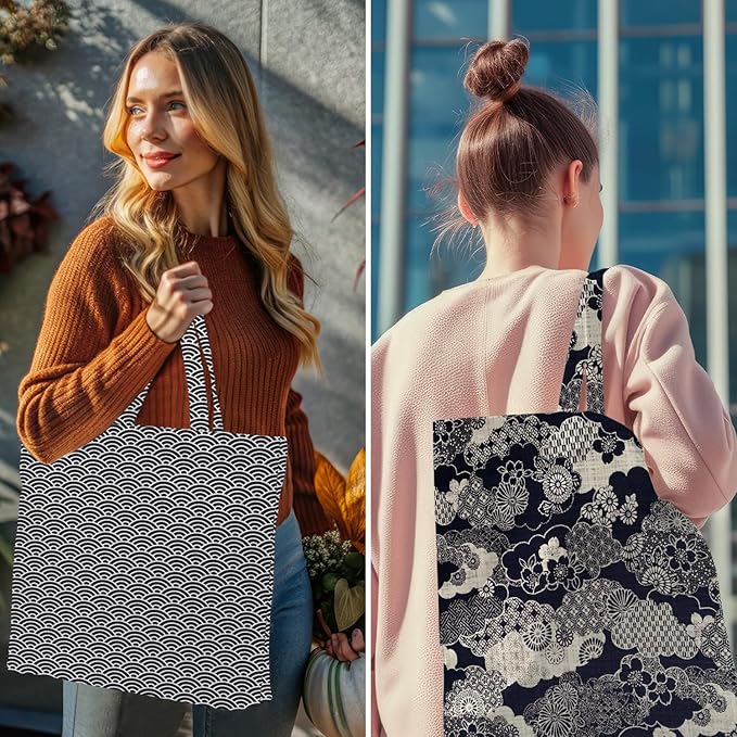 Decohim Multiple Packs Floral Japanese Print Canvas Tote Bag Reusable Grocery Bags Gifts for Women Girls Birthday Christmas