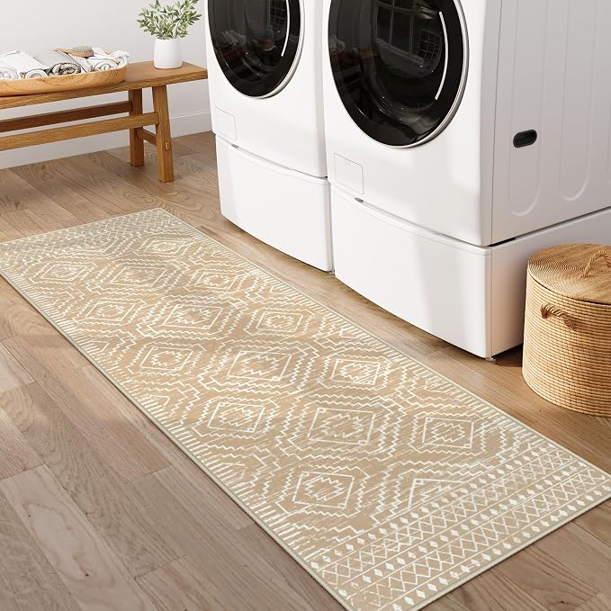 Wonnitar Washable Kitchen Runner Rug 2x6, Moroccan Runners for Hallway, Non Slip Bohemian Soft Bathroom Throw Mat Geometric Carpet Runner for Laundry Entryway Bedroom (Kakhi,2'x6')