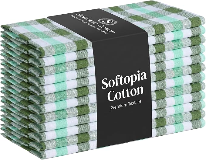 Checked Kitchen Towels 12 Pack, 18"x26", 100% Cotton, Absorbent Dish Towels for Kitchen Drying, Reusable Dishcloths for Cleaning, Quick Dry Wash Rags - Mint Green, Aqua Green, White