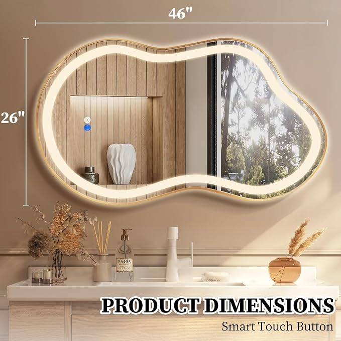 Irregular LED Bathroom Mirror with Lights, Cloud Smart Backlit Mirror, Dimmable Lighted Bathroom Gold Mirror with Anti-Fog, Asymmetrical Vanity Mirror Hangable 2 Ways (Gold, 26 x 46, 1 Pack)