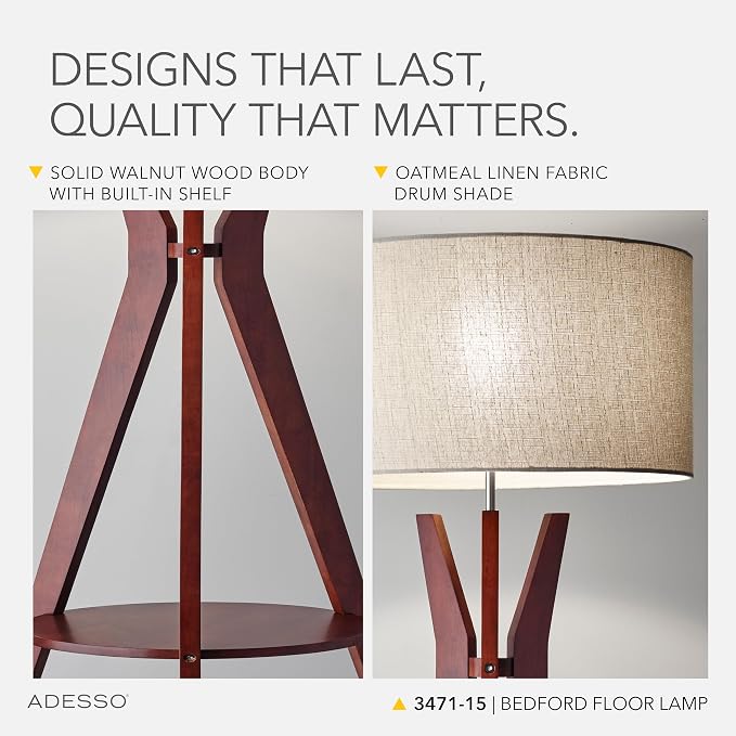 Adesso Floor Lamp with Walnut Wood and Oatmeal Linen Lampshade – 3-Way Adjustable Brightness, Lamp with Shelf for Bedroom, Living Room, and House Décor, 59.5” x 20”