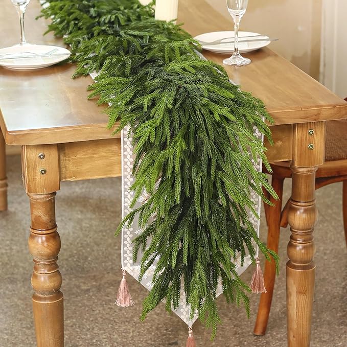 9FT Real Touch Norfolk Pine Garland - Artificial Christmas Garland Fake Green Faux Pine Needles Garland for Table Fireplace Mantle Holiday Home Indoor Outdoor Decor (2PCS)