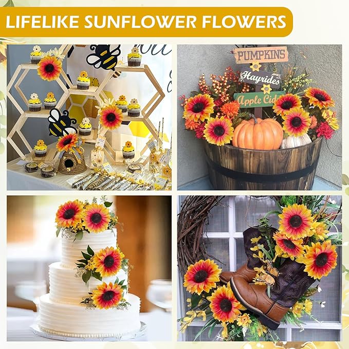 40pcs Fake Sunflower Heads with Stems, 4" Fall Sunflower Artificial Silk Flower Heads for Party Baby Shower Wedding Making Handicrafts Home Fall Decor(Fall Orange)