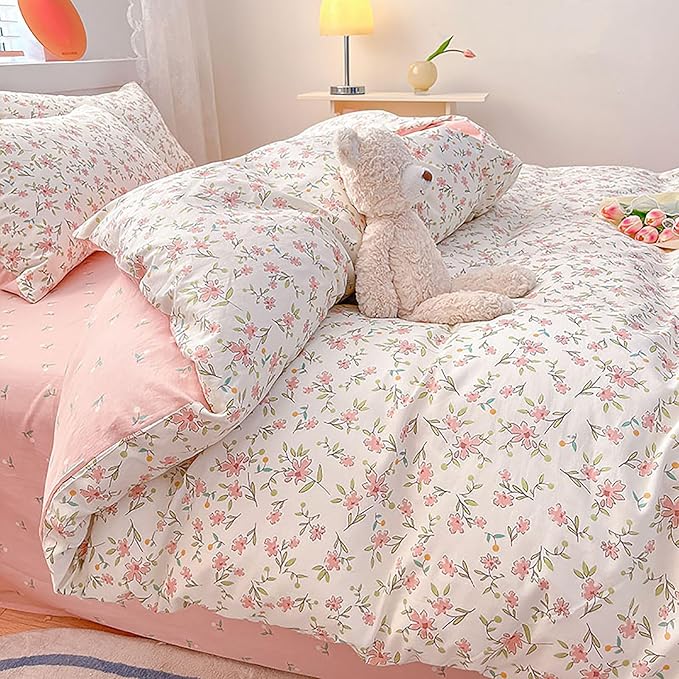 EAVD Vintage Style Garden Pink Floral Duvet Cover King White Soft 100% Cotton Cute Floral Bedding Set with 2 Pillowcases Chic Shabby Floral Botanical Duvet Cover with Zipper Closure