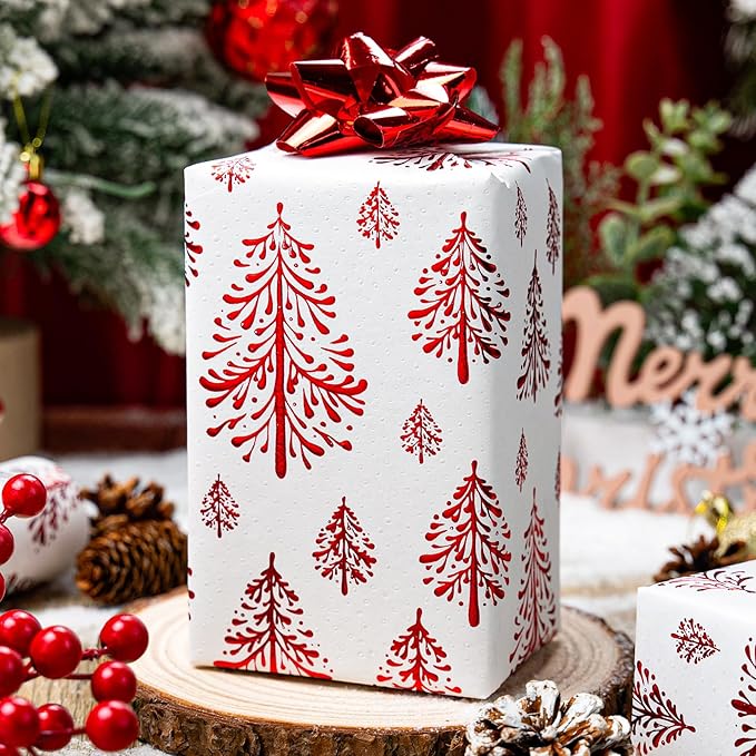 Flyhill Kraft Christmas Wrapping Paper-White 3D Embossed Gold Foil Christmas Pine Tree with Woodlands for Holiday, Party,Celebration, New Year (17 Inch X 32.8 Feet)