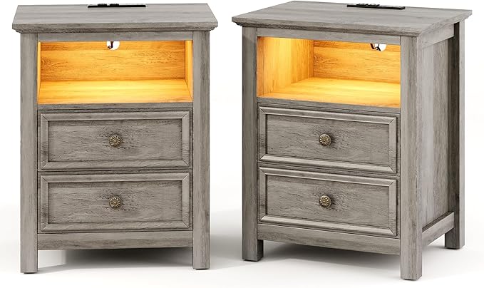 LGHM Set of 2 Nightstand with Charger Station Strip Lights, 20" W Large Night Stand with 2 Drawers, Accent Bed Side Table and End Table, Large Open Cubby, Stable Thick Wood Legs, Timeless Look,Gray