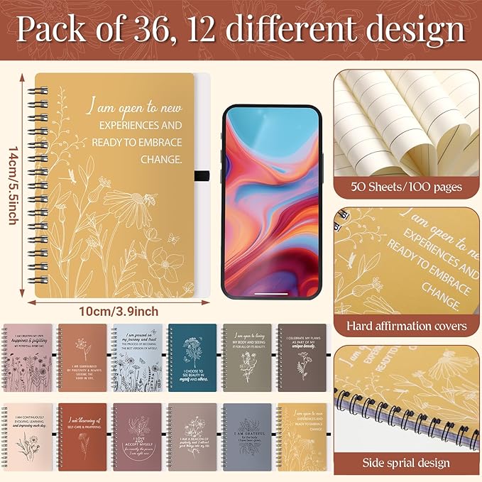 Kosiz 72 Pcs/36 Set Positive Affirmation Gifts Gratitude Spiral Notebooks with Pens Motivational Encouragement Notepads Daily Affirmations Journal for Women Valentine Galentine Gifts (Vibrant)