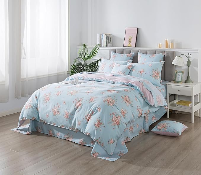 FADFAY Duvet Cover Set Queen Blue Rose Floral Bedding Rustic Peony Flower Comforter Cover Set Vintage Farmhouse Bedding 100% Cotton Ultra Soft Quilt Cover with Hidden Zipper Closure 3Pcs, Queen Size