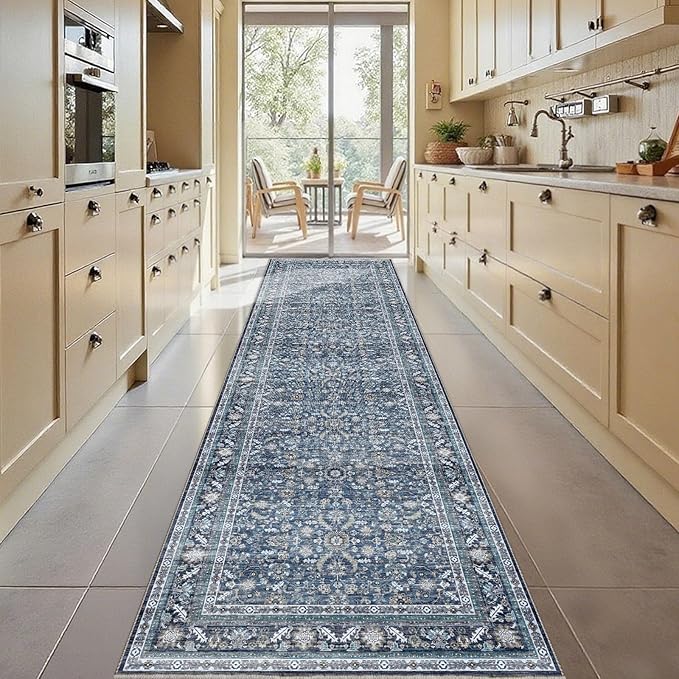 OPPODREAM Vintage Blue 3x10 Runner Rug, 3 x 10 Retro Washable Rug Non Slip, Low-Pile Faux Wool Carpet, Distressed Navy Floor Mat for Kitchen, Hallway, Entry-Way, Entrance, Indoor Back Door