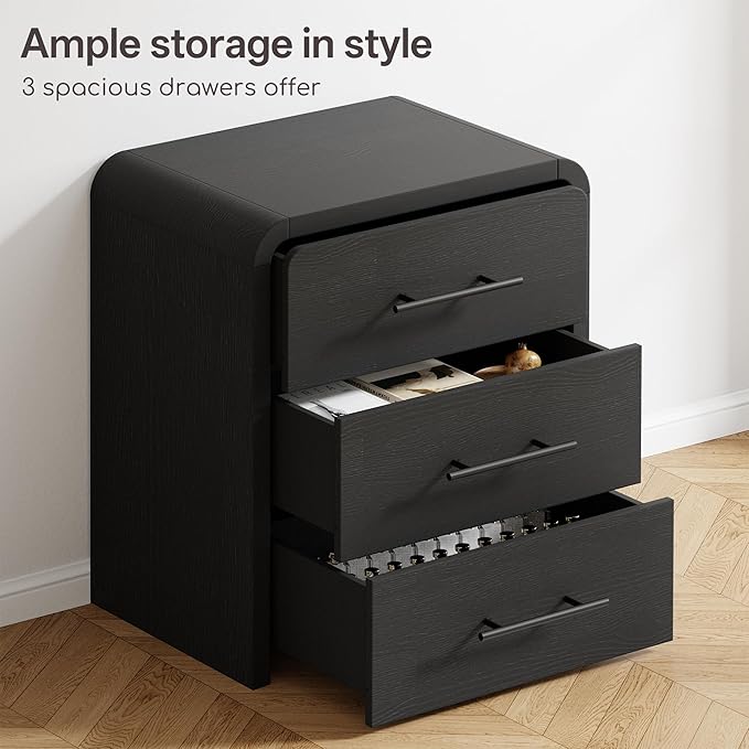 Curved 3-Drawer Nightstand Dresser, 23.6'' Wide Modern Wood Bedside Tables with Long Metal Handles, Large Storage End Tables for Bedroom, Office, Black