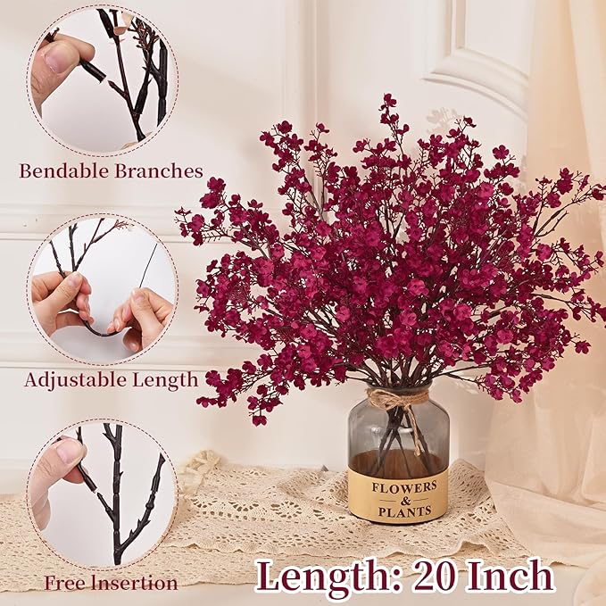 Yastouay Fake Fall Flowers Real Touch Silk Flowers, 10Pcs Fall Burgundy Artificial Flowers for Decorations, Babys Breath Artificial Flowers Bulk for Thanksgiving Fall Decor Floral Arrangement