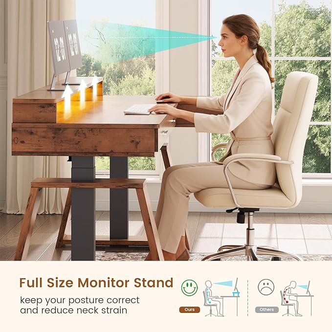 SEDETA 59 Inch L Shaped Electric Standing Desk with Drawers, Executive Adjustable Desk with Power Outlets, Monitor Stand, Sit Stand Computer Table for Home Office, Brown